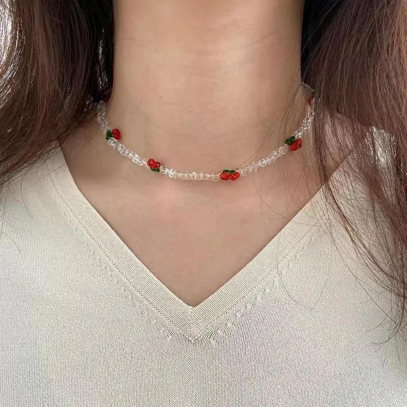 New Summer Lovely Rice Beaded Beaded Necklace Fresh With Cherry Necklace Women Choker Clavicle Chain Jewelry Gift