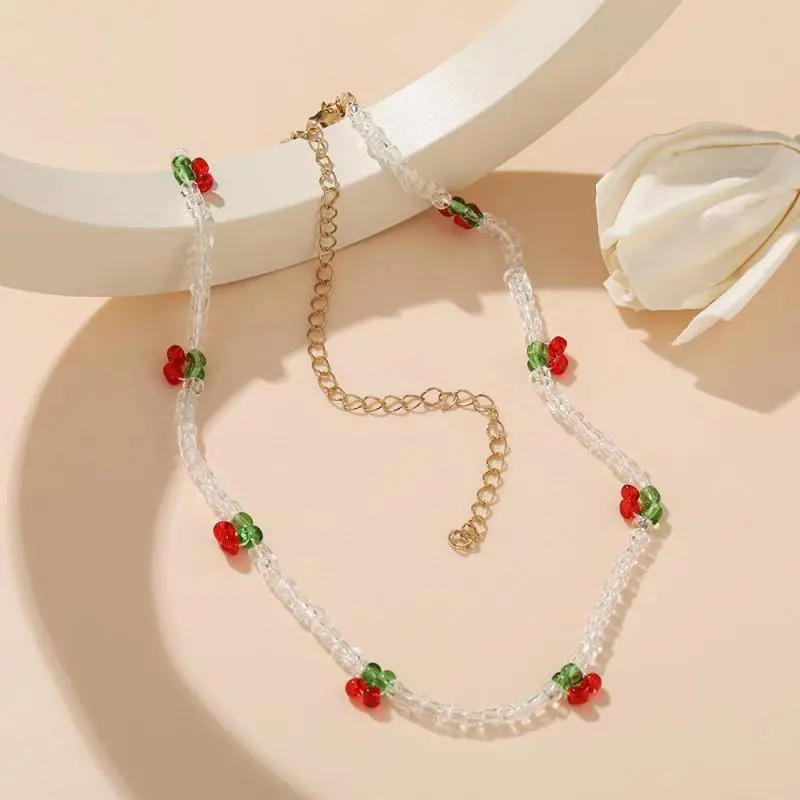 New Summer Lovely Rice Beaded Beaded Necklace Fresh With Cherry Necklace Women Choker Clavicle Chain Jewelry Gift