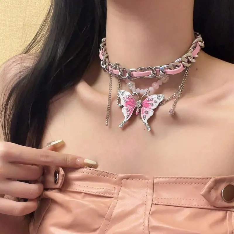 Fashion Butterfly Tassel Necklace Sweet Cool Spice Girl Temperament Exaggeration Light Luxury Design Leather Clavicle Chain Gift