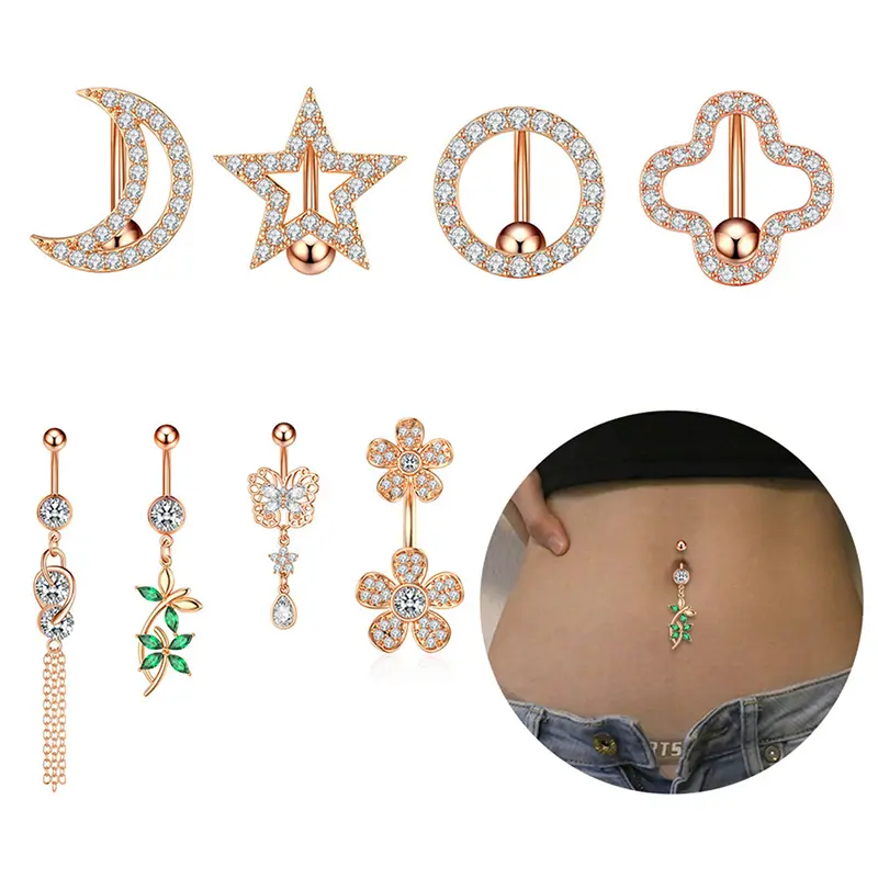 1Pcs Sexy Inverted Rod Four-leaf Clover Belly Button Rings Dangle Flower Star Navel Ring Surgical Steel Belly Piercing Jewelry