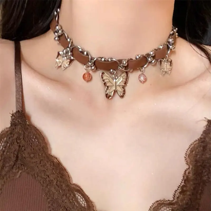 Fashion Butterfly Tassel Necklace Sweet Cool Spice Girl Temperament Exaggeration Light Luxury Design Leather Clavicle Chain Gift