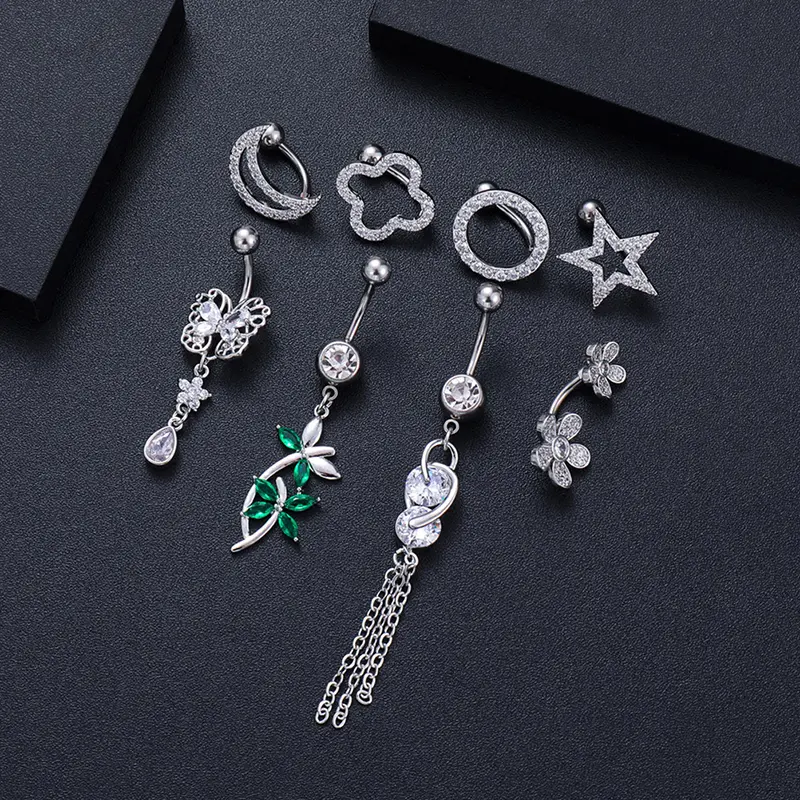 1Pcs Sexy Inverted Rod Four-leaf Clover Belly Button Rings Dangle Flower Star Navel Ring Surgical Steel Belly Piercing Jewelry