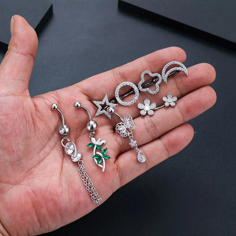 1Pcs Sexy Inverted Rod Four-leaf Clover Belly Button Rings Dangle Flower Star Navel Ring Surgical Steel Belly Piercing Jewelry