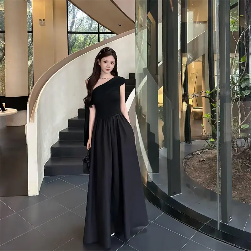 Women Sloping Shoulder Short Sleeve A-line Summer Holiday Black Chic Long Dress
