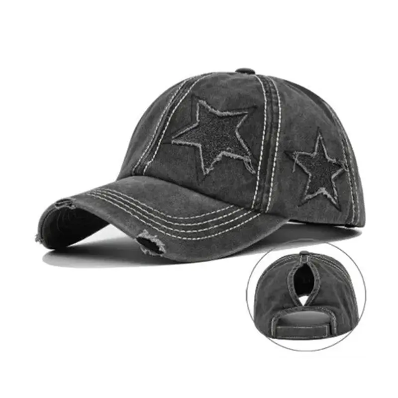 High Ponytail Baseball Cap For Women Snapback Hat Bone Hip Hop Adjustable Distressed Star Dad Hats Casquettes Female