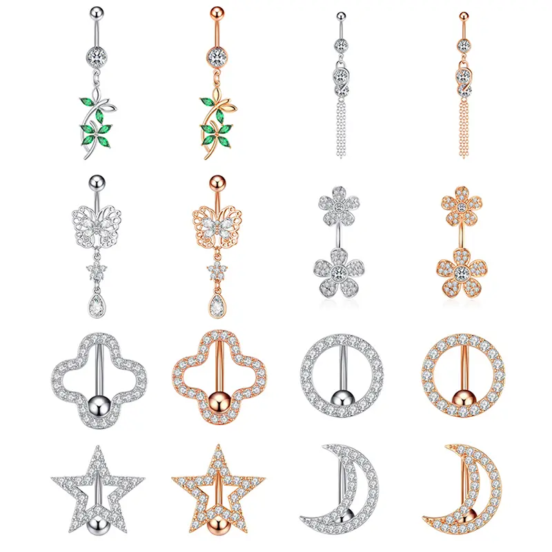1Pcs Sexy Inverted Rod Four-leaf Clover Belly Button Rings Dangle Flower Star Navel Ring Surgical Steel Belly Piercing Jewelry