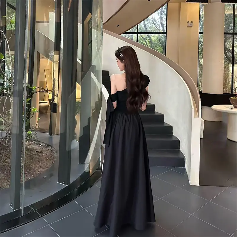 Women Sloping Shoulder Short Sleeve A-line Summer Holiday Black Chic Long Dress