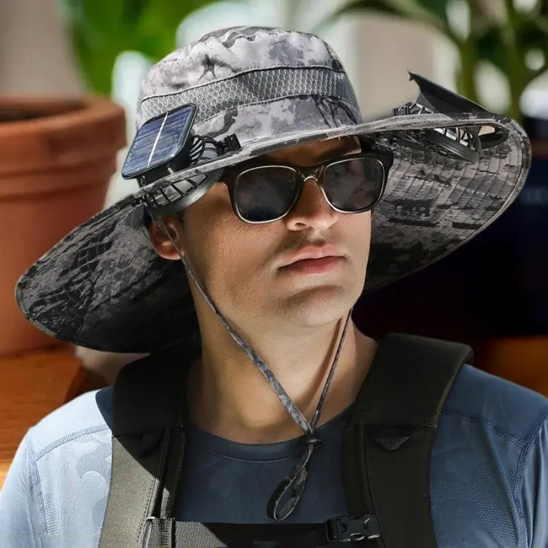 Rechargeable Big Brimmed Fans Sun Hat; Ideal Summer Gear for Men; Large Size Solar Powered Fisherman Hat for Camping & Hiking.
