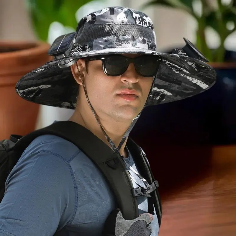 Rechargeable Big Brimmed Fans Sun Hat; Ideal Summer Gear for Men; Large Size Solar Powered Fisherman Hat for Camping & Hiking.