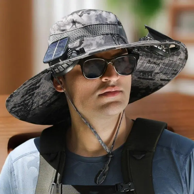 Rechargeable Big Brimmed Fans Sun Hat; Ideal Summer Gear for Men; Large Size Solar Powered Fisherman Hat for Camping & Hiking.