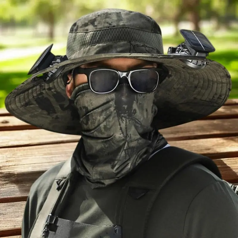 Rechargeable Big Brimmed Fans Sun Hat; Ideal Summer Gear for Men; Large Size Solar Powered Fisherman Hat for Camping & Hiking.
