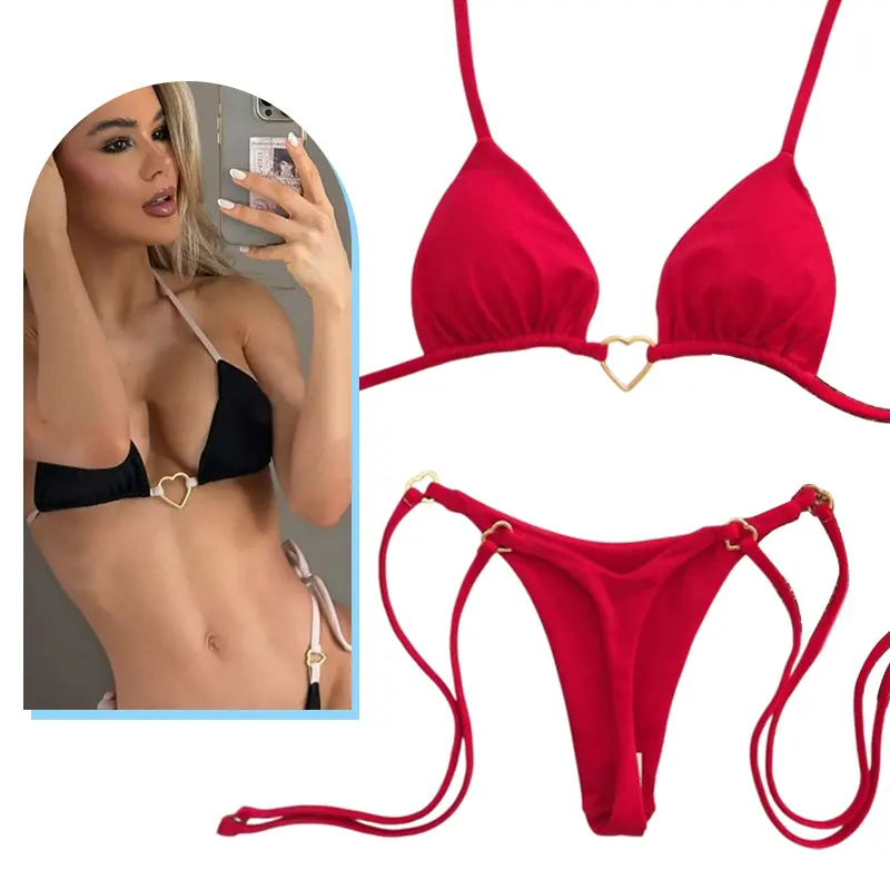 Fashion Solid Color Halter String Triangle Two Piece Bikini Love Heart Metal Buckle Swimsuit For Women Lace-up Swimsuit