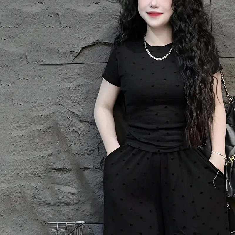 Set Women Summer Love Full Print Short Sleeve Tops And Wide Leg Pants Chic 2PCS