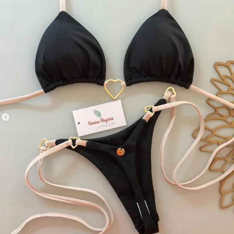 Fashion Solid Color Halter String Triangle Two Piece Bikini Love Heart Metal Buckle Swimsuit For Women Lace-up Swimsuit