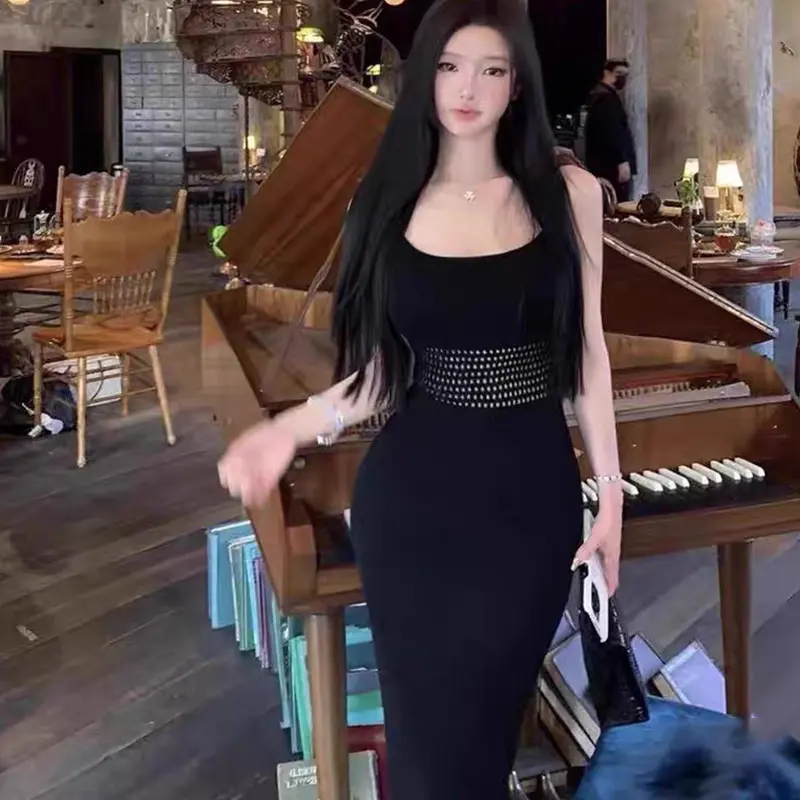 Summer Women's French Sexy Solid Color Hollow Slim Knitted Suspender Dress