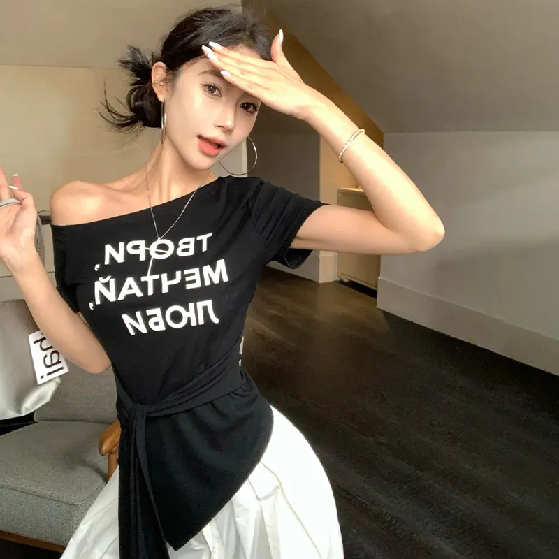 Off-Shoulder Tie Letter Printed Short-Sleeved T-Shirt Summer Sexy Women Casual Tops