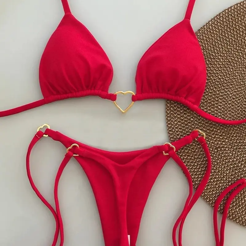 Fashion Solid Color Halter String Triangle Two Piece Bikini Love Heart Metal Buckle Swimsuit For Women Lace-up Swimsuit
