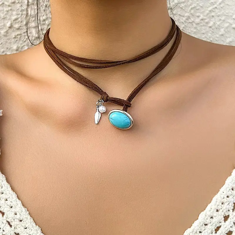Bohemian Style Leather Rope Turquoise Pendant Necklace For Women Vintage Simple Jewelry Gifts Choker Accessories
