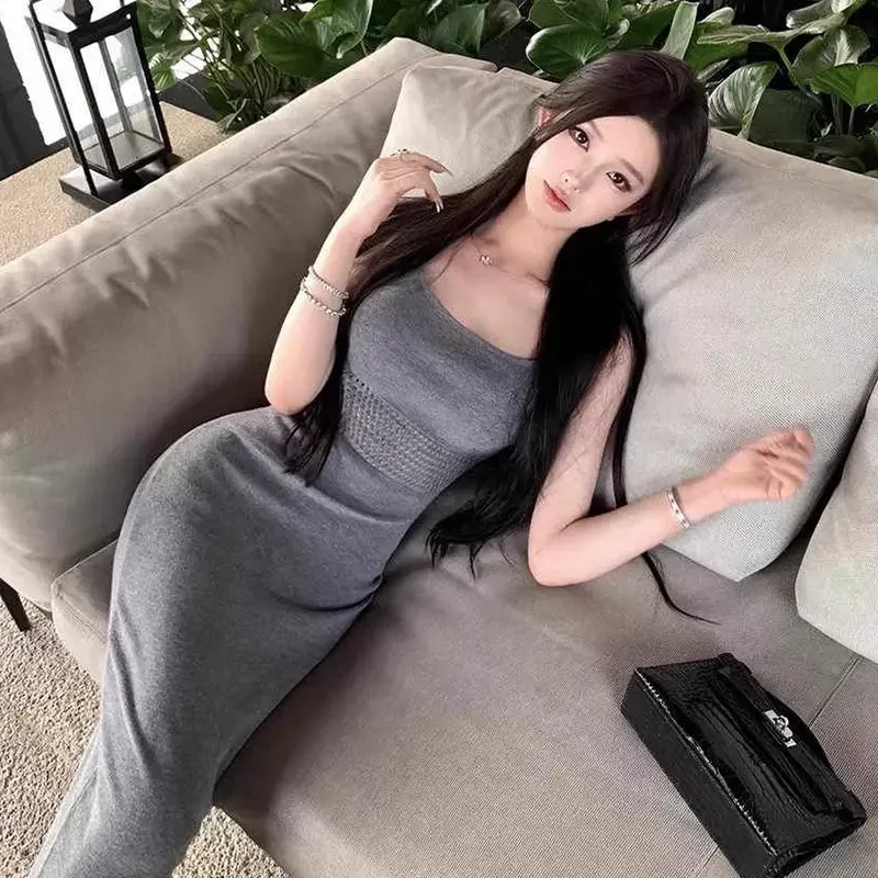 Summer Women's French Sexy Solid Color Hollow Slim Knitted Suspender Dress