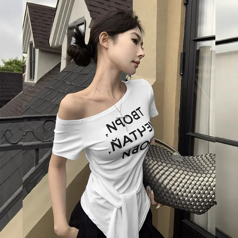 Off-Shoulder Tie Letter Printed Short-Sleeved T-Shirt Summer Sexy Women Casual Tops