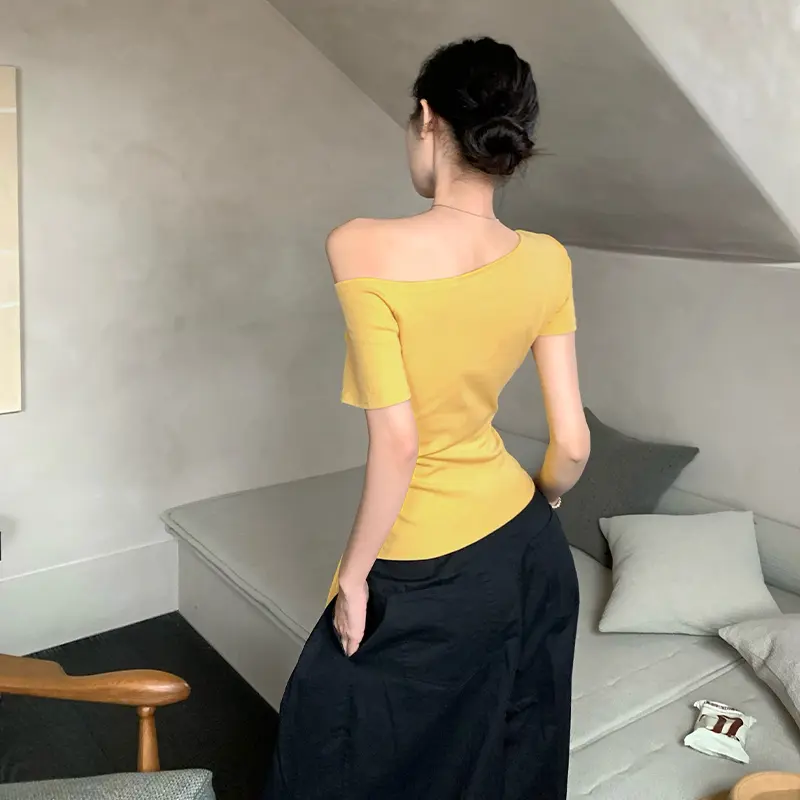 Off-Shoulder Tie Letter Printed Short-Sleeved T-Shirt Summer Sexy Women Casual Tops