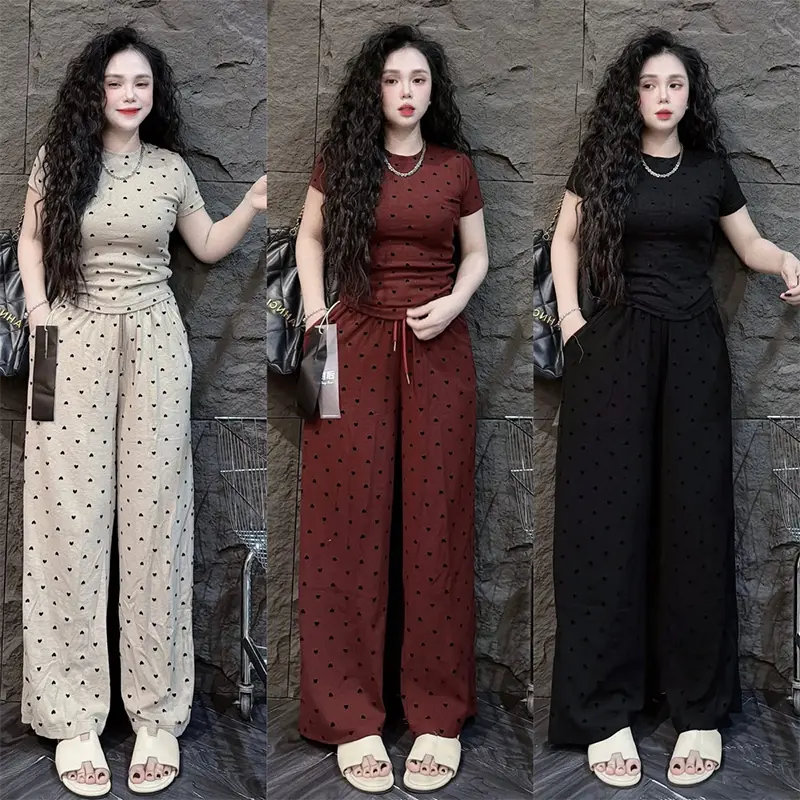 Set Women Summer Love Full Print Short Sleeve Tops And Wide Leg Pants Chic 2PCS