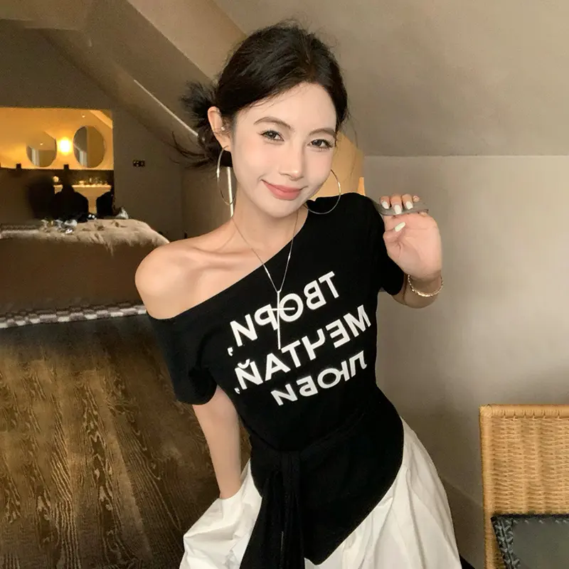Off-Shoulder Tie Letter Printed Short-Sleeved T-Shirt Summer Sexy Women Casual Tops