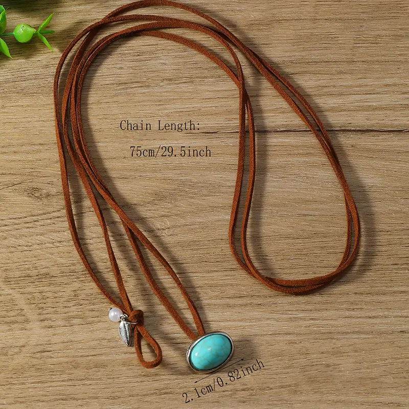 Bohemian Style Leather Rope Turquoise Pendant Necklace For Women Vintage Simple Jewelry Gifts Choker Accessories