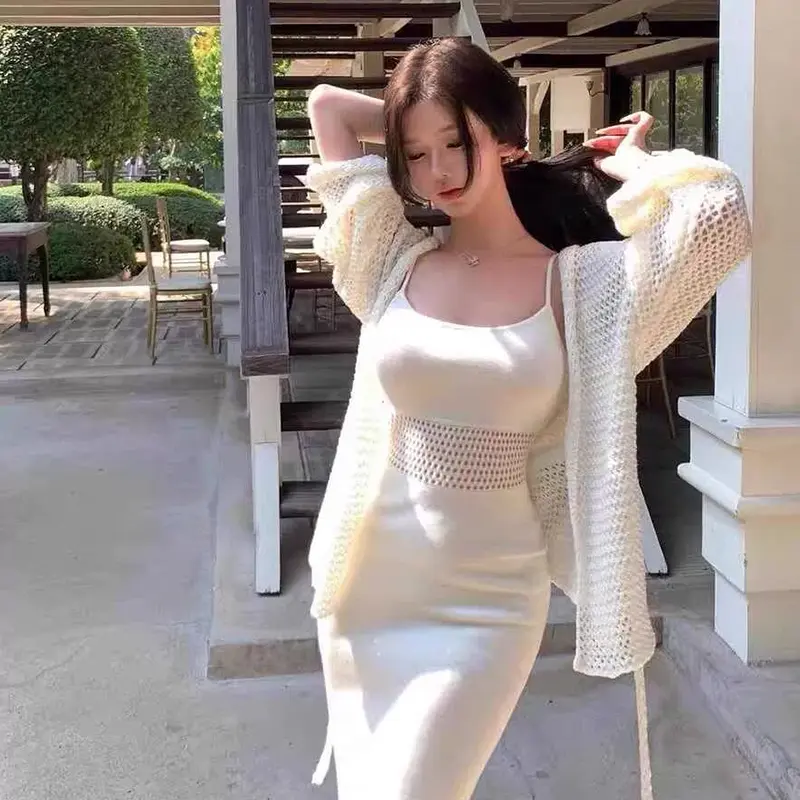 Summer Women's French Sexy Solid Color Hollow Slim Knitted Suspender Dress