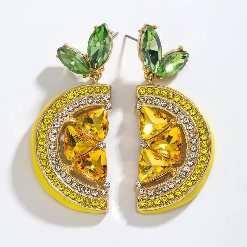 Summer Full Rhinestone Lemon Drop Dangle Earrings Fruit Pendant Stud Earrings Vacation Beach Party Jewelry Gift