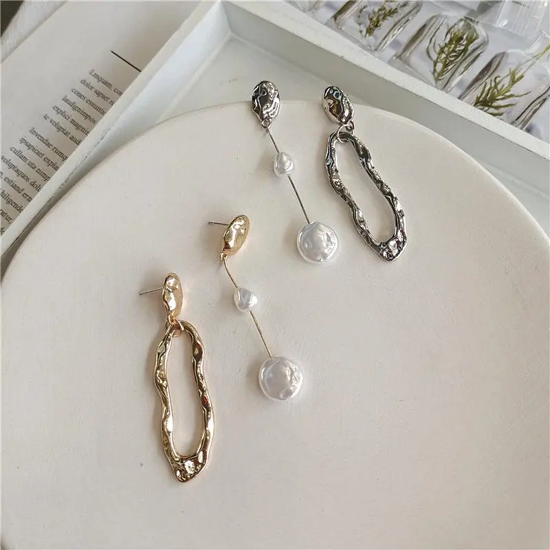 Geometric Pearl Earrings Asymmetrical Earrings Personality Irregular Fashion Baroque Style Earrings