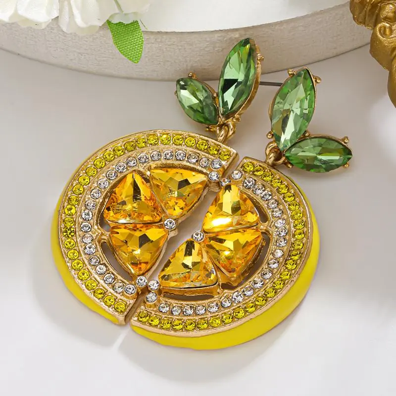 Summer Full Rhinestone Lemon Drop Dangle Earrings Fruit Pendant Stud Earrings Vacation Beach Party Jewelry Gift