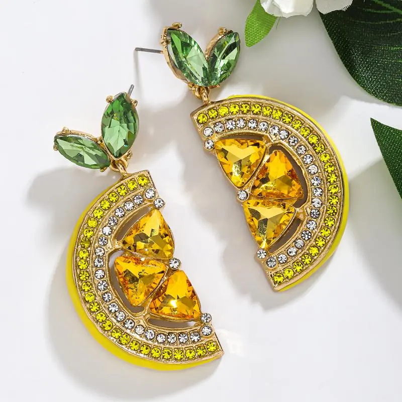 Summer Full Rhinestone Lemon Drop Dangle Earrings Fruit Pendant Stud Earrings Vacation Beach Party Jewelry Gift