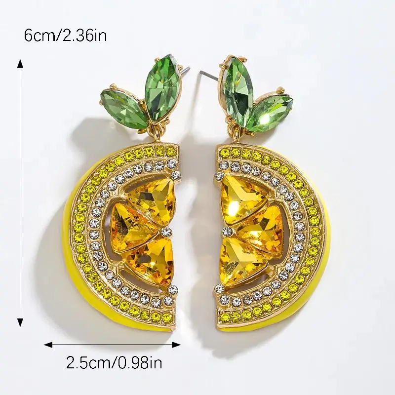 Summer Full Rhinestone Lemon Drop Dangle Earrings Fruit Pendant Stud Earrings Vacation Beach Party Jewelry Gift