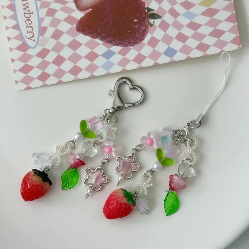 Sweet And Fresh Tulip Strawberry Pendant Cherry Blossom Keychain Cute Bag Charm Car Key Backpack Pendant Decoration Accessories