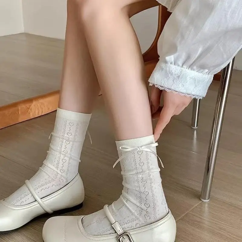 4 Pairs Women Butterfly Bow Net Eye Mid Tube Socks Spring Summer Sweat Absorbing Breathable Sweet Ballet Style Casual Socks