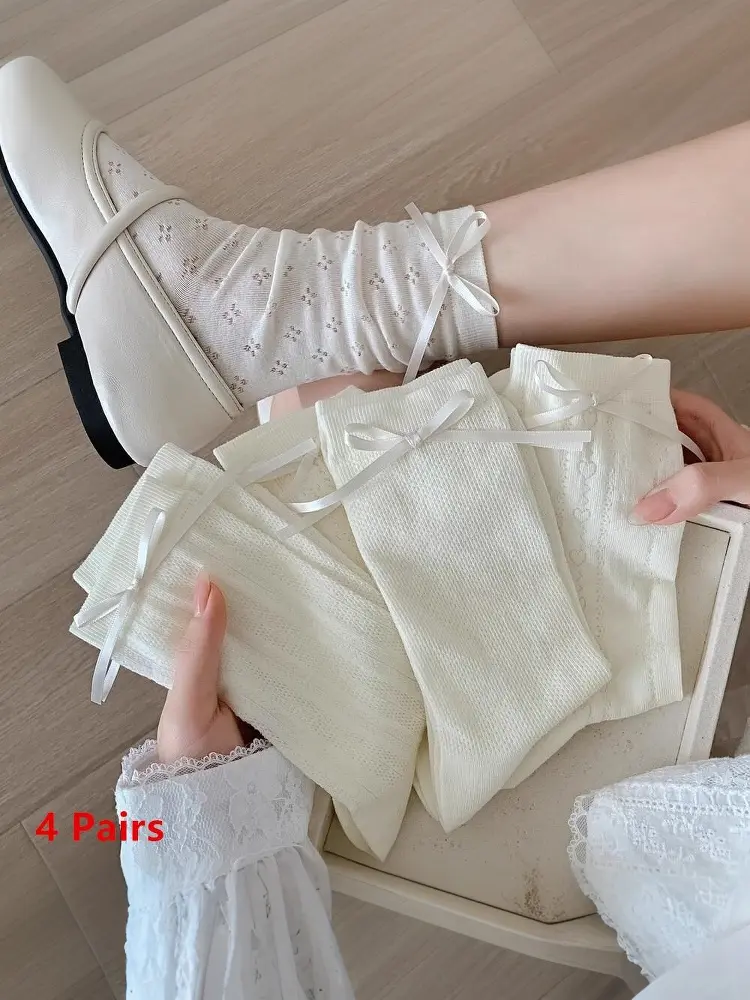 4 Pairs Women Butterfly Bow Net Eye Mid Tube Socks Spring Summer Sweat Absorbing Breathable Sweet Ballet Style Casual Socks
