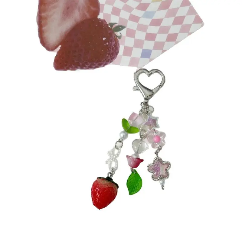 Sweet And Fresh Tulip Strawberry Pendant Cherry Blossom Keychain Cute Bag Charm Car Key Backpack Pendant Decoration Accessories
