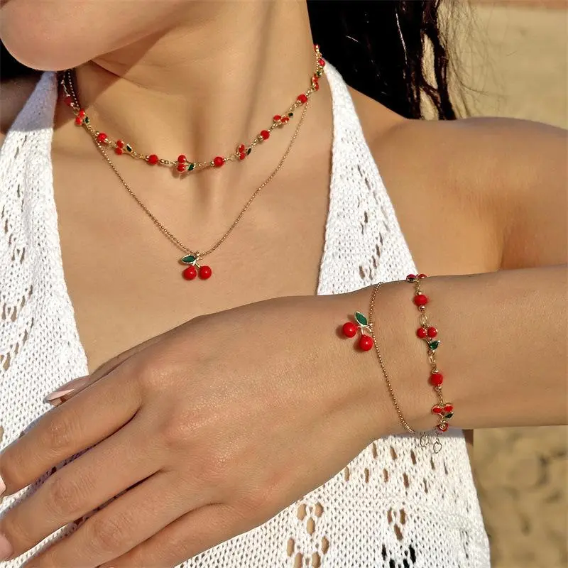 Cute Sweet Red Cherry Chain Bracelet Necklace Anklets For Women Vintage Fruit Jewelry Wedding Party Gift