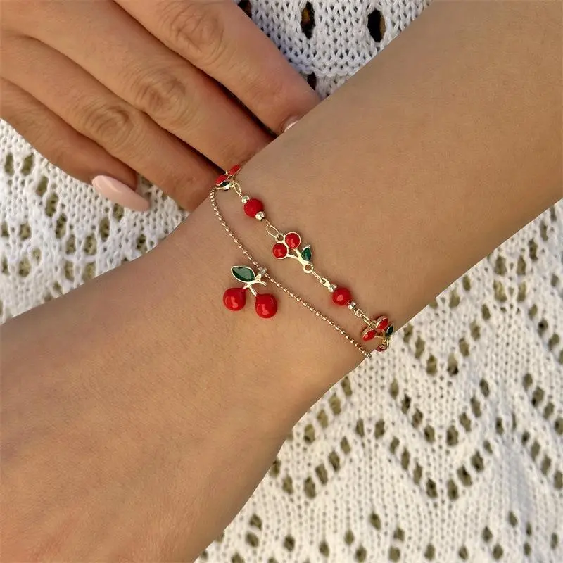Cute Sweet Red Cherry Chain Bracelet Necklace Anklets For Women Vintage Fruit Jewelry Wedding Party Gift