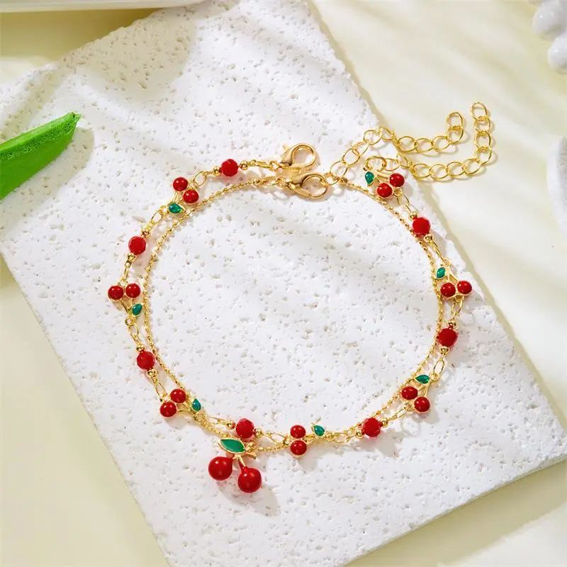 Cute Sweet Red Cherry Chain Bracelet Necklace Anklets For Women Vintage Fruit Jewelry Wedding Party Gift