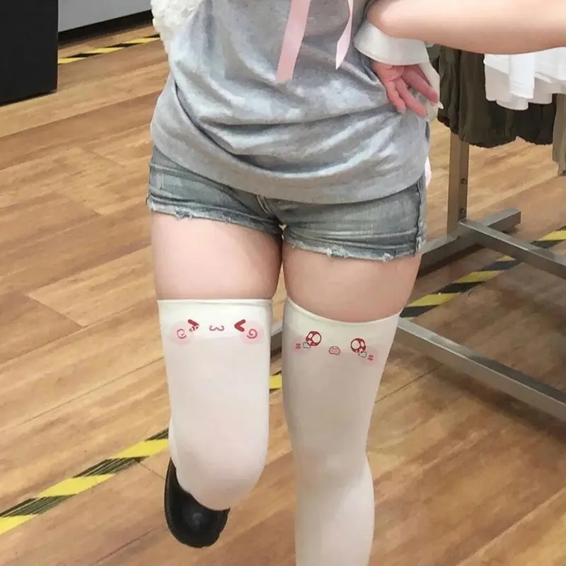 Kawaii Cat Paw Thigh Socks White Print Long Socks JK Harajuku Expression Over Knee Thigh High Stockings Japanese Cosplay Socks