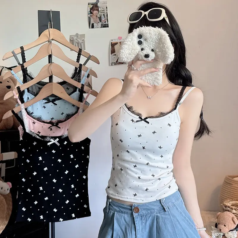 Summer Women's Sweet Polka Dots Bow Print Sleeveless Slim Vest With Chest Pad