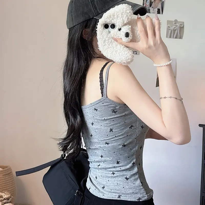 Summer Women's Sweet Polka Dots Bow Print Sleeveless Slim Vest With Chest Pad