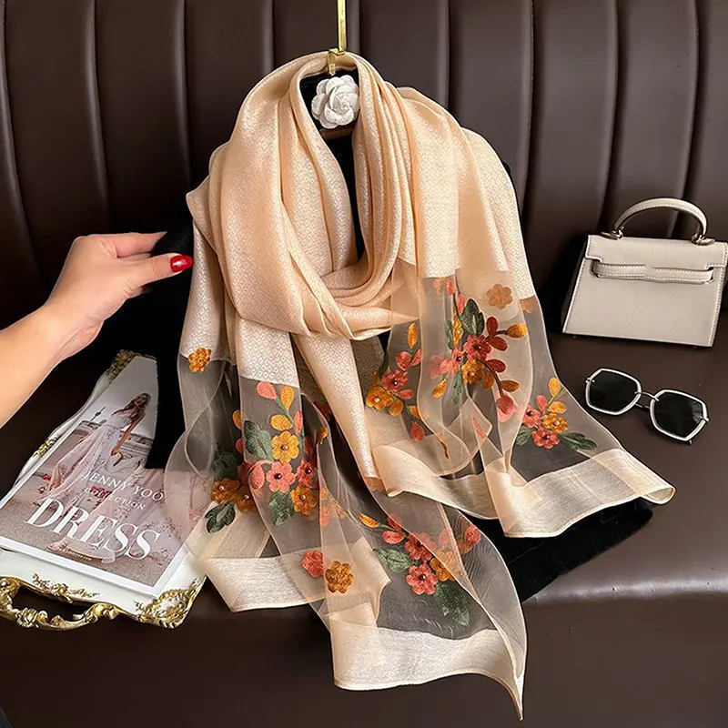 Luxury Silk Shawl Scarf Women Design Embroidery Flowers Turban Wrap Cloth Vandas Women Head Scarf