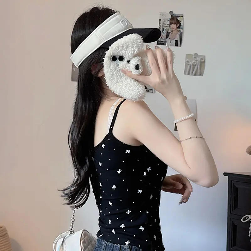 Summer Women's Sweet Polka Dots Bow Print Sleeveless Slim Vest With Chest Pad