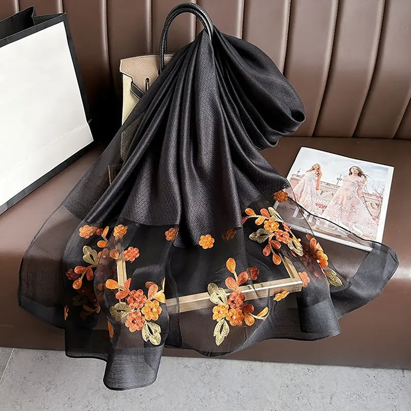 Luxury Silk Shawl Scarf Women Design Embroidery Flowers Turban Wrap Cloth Vandas Women Head Scarf