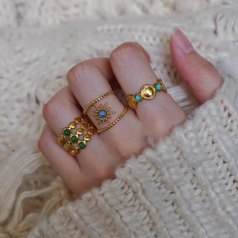 Stainless Steel Women Opening Ring 18k Gold Plated Hypoallergenic Green Ring Exquisite Adjustable Finger Jewelry Gift