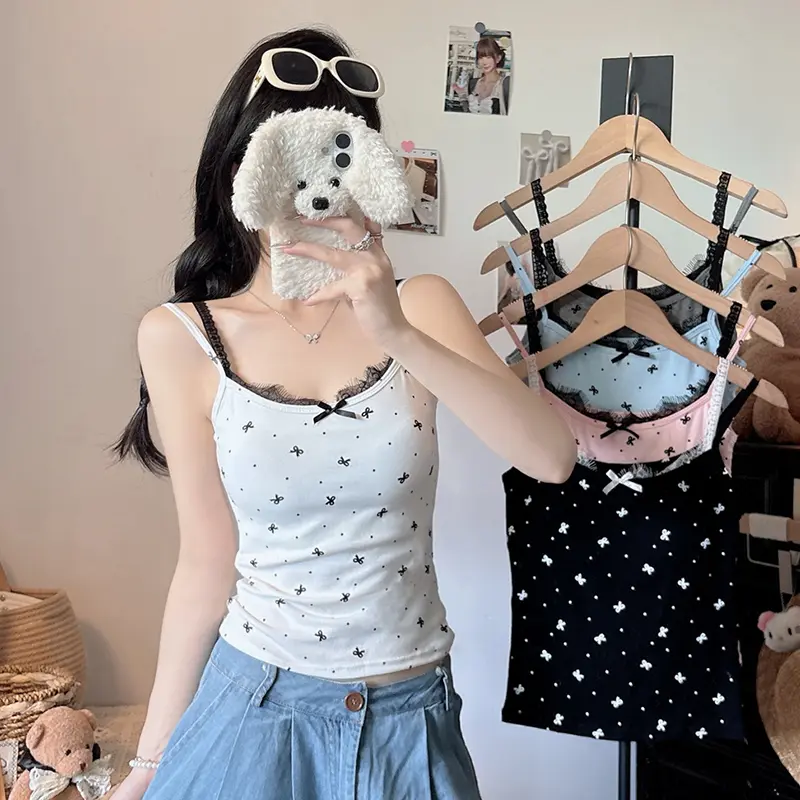Summer Women's Sweet Polka Dots Bow Print Sleeveless Slim Vest With Chest Pad