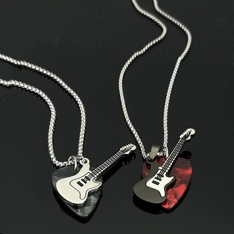 Hip-hop Guitar Pick Pendant Necklace Punk Titanium Steel Guitar Chain Choker Trendy Vintage Electric Guitar Sweater Chain Boys